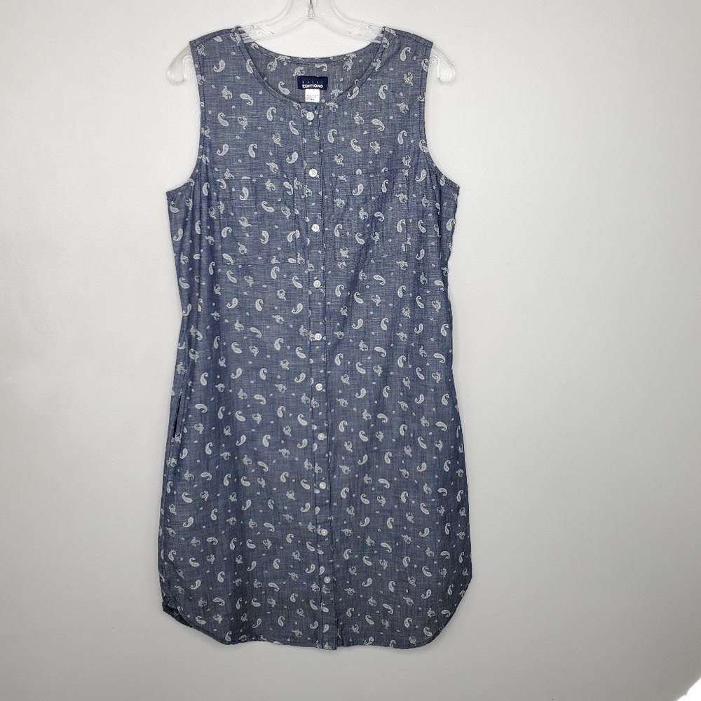 Basic Editions Denim Look Paisley Print Cotton Shirt Dress With Pockets Size M